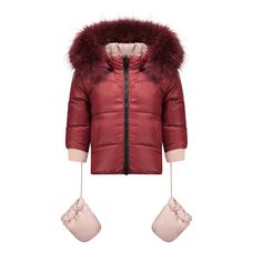 Indulge your baby in the magnificence of this Cranberry Puffer Coat, a beautiful fusion of style, comfort, and versatility. With its enchanting cranberry fur, reversible pink option, and impeccable craftsmanship, this coat is a true testament to the remarkable charm and fashion-forward nature of your little one. This two-toned colored jacket is meticulously crafted for maximum warmth, with an interior filled with down and an exterior made of 100% polyester. Boasts a luxurious high collar and a h Baby Fur Coat Nordstrom, Luxury Red Puffer Outerwear, Luxury Fitted Pink Fur Coat, Hooded Mink-colored Faux Fur Outerwear, Luxury Nylon Puffer Jacket With Double-lined Hood, Puffer Coat, High Collar, Cranberry, Little One