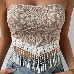 Women's Handkerchief Tube Top - Crop Top - New Size M - Medium Beige And White Floral Jacquard Print With White Lace And Fringe Hem Tie Back Shipping Within One Business Day - Bundle And Save On Shipping White Lace Bandeau Top, Sheer Puff Sleeve Top, Women's Handkerchief, Concert Top, Mint Green Tops, Crochet Lace Shorts, Crochet Top Outfit, White Crop Tank, White Crop Top Tank