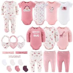 Your favorite set now comes in extended sizes with the Upsized Rainbow Safari 23-Piece Set by The Peanutshell. This set includes 4 short-sleeve and 3 long-sleeve bodysuits, a pink safari animal sleeper, 3 pairs of pants, 3 bows, 3 bandana bibs and 6 pairs of socks,Made from soft, 100% cotton, these essentials ensure cozy and breathable comfort that's perfect for all seasons. The mix-and-match pieces in pink and mauve are great for layering or wearing alone. This award-winning set is a parent's d Newborn Layette, Baby Layette, Gerber Baby, Pink Rainbow, Baby Boy Or Girl, Pink Outfits, Safari Animals, Newborn Girl, Unisex Baby