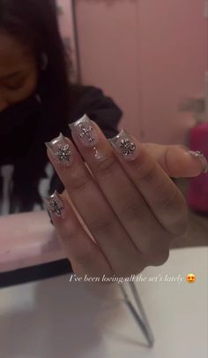 Short Acrylic Nails With Rhinestones, Short Rhinestone Nails, Short Glam Nails, Short Nails With Rhinestones, Silver Nails Short, Short Silver Nails, Short Bling Nails, Junk Nails