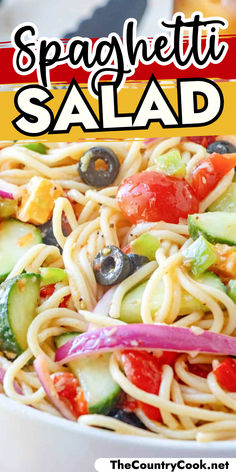 a white bowl filled with spaghetti salad and the words spaghetti salad on top of it