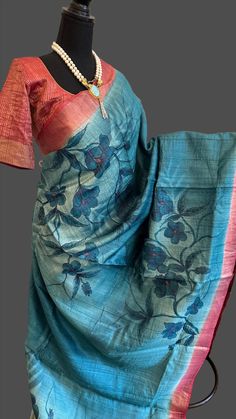 Pure tussar silk saree online usa party wear saree with zari borders Blue Raw Silk Saree With Kalamkari Print, Blue Cotton Silk Saree With Kalamkari Print, Blue Cotton Silk Traditional Wear With Kalamkari Print, Blue Raw Silk Saree With Unstitched Blouse, Unstitched Blue Raw Silk Saree, Blue Kalamkari Print Saree, Blue Kalamkari Print Saree For Festivals, Blue Bollywood Tussar Silk Saree, Blue Silk Traditional Wear With Printed Border