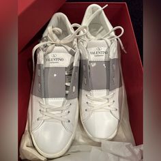 Authentic Valentino Sneakers Grey Patent Leather Size Us 7 And Eu 37. Brand New With Box Designer White Calf Leather Sneakers, Designer White Sneakers With Perforations, Designer White Slip-on Sneakers, Valentino Sneakers, Valentino Shoes, Sneakers Grey, Shoes White, Womens Shoes Sneakers, Gray White