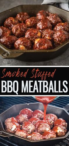 bbq meatballs are being cooked in a skillet and then covered with sauce