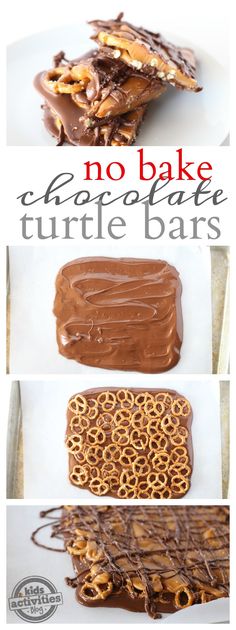 no bake chocolate turtle bars with pretzels in the middle and on top