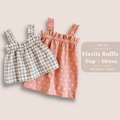 two toddler's dresses with ruffles on top and bottom, one in pink