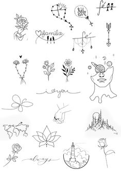 a bunch of drawings that are on top of a white sheet with writing in it