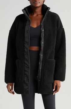 Zella Cozy Faux Shearling Jacket | Nordstrom Faux Shearling Jacket, Raglan Hoodie, Stand Collar Jackets, Packable Jacket, Collar Jacket, Shearling Jacket, Long Sleeves Jacket, Faux Fur Jacket, Red Jacket