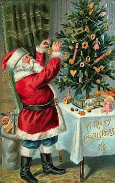 an old fashioned christmas card with santa claus decorating the tree