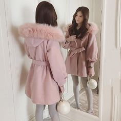 Korean Pink Outfit, Pink Outfit Winter, Pink Wool Coat, Egirl Clothes, Casual Outwear, Pink Snow, Pink Coat, Womens Parka, Woolen Coat