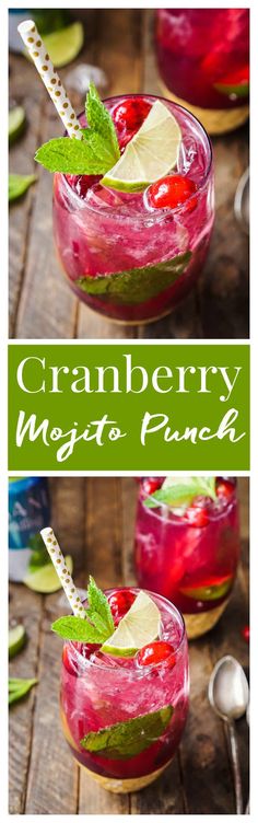 two glasses filled with cranberry mojito punch on top of a wooden table