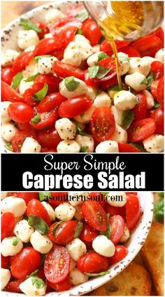 a bowl full of caprese salad with tomatoes and mozzarella