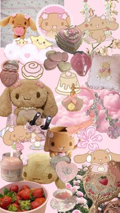 a collage of teddy bears, strawberrys, and other items on a pink background