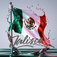 the flag of mexico is splashing in water with its name on it's side