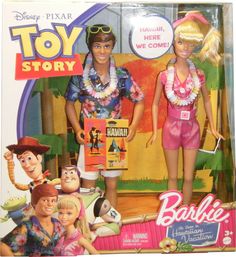 the toy story barbie has two dolls in it's box and is wearing pink shorts