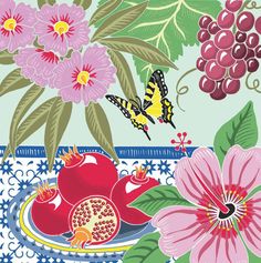 a plate with pomegranates, grapes and a butterfly sitting on it