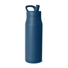 a blue stainless steel water bottle on a white background with the lid open and handle extended