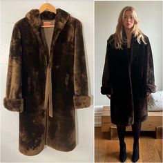 "Beautiful solid fur coat .Fully lined -  Unsure what ? Browns of Chester has its label sewn in to garment - very famous store in Chester which no longer exists .... Shawl style collar (lined) 2 frog mouth clasps -both at the top 1/3 of coat .... See pics  2 pockets - turned back wide cuffs ... see pics - internal fastening strips ... see pics  Model is 10-12  Height 5'8\" Pit to pit 20\"(40\") Length 43\" Shoulder to cuff 25\" Shoulder to shoulder 18\" Condition is very good ... a little wear at top clasp" Mink Color Long Fur Coat With Faux Fur Lining, Vintage Long Fur Coat With Faux Fur Lining, Vintage Outerwear With Faux Fur Trim, Brown Vintage Fur Coat With Faux Fur Trim, Vintage Long Coat With Faux Fur Lining, Brown Long Coat With Faux Fur Trim, Vintage Fur Coat With Faux Fur Trim, Vintage Faux Fur Mink Coat, Army Coat