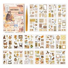 an assortment of stickers and papers on a white surface with the words, images, and animals