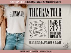 The perfect soft and comfy unisex t-shirt for the ultimate Glendale Swiftie! This is a custom design specifically for The Eras Tour in Glendale at State Farm Stadium on March 18, 2023 including surprise songs and openers. At first glance, this may look like a tee sporting your favorite city, but upon closer inspection you will find lots of Swiftie gems inside this design. Perfect for the fan who wants more of an every day wear in their tour merchandise. So show your love for Taylor and the wonde Sydney Taylor, Tour Merchandise, Concert Merch, Metlife Stadium, Tour Merch, Tour Shirt, Favorite City, New Shows, Eras Tour