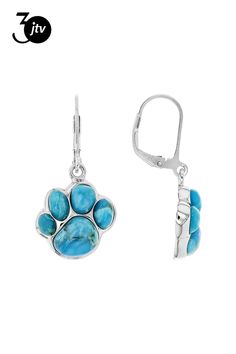 5x4mm, 5x3mm, 8x7mm, 3.5x2.5mm, and 5x3.5mm fancy cabochon blue composite turquoise rhodium over sterling silver paw print earrings. Measure approximately 1.25"L x .56"W. Leverback closure. This product contains composite turquoise. This means separate pieces of turquoise were bound together. Adjustable Sterling Silver Jewelry With Paw Print, Adjustable Sterling Silver Paw Print Jewelry, Paw Print Earrings, Blue Turquoise, Turquoise Blue, Crystal Jewelry, Crystal Beads, Paw Print, Silver Earrings