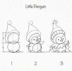 the drawing shows how to draw little penguins in different positions and sizes, with numbers on each side