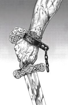 a drawing of a hand holding a knife with chains on it's arm and the other hand is chained to a chain