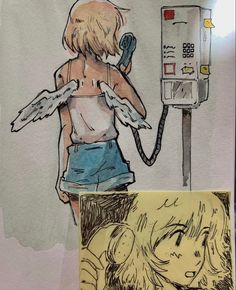 a drawing of a girl with angel wings next to a parking meter and phone booth