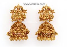 Temple Jewellery - 22 Karat Gold "Lakshmi" Jhumkas (Buttalu) - Gold Dangle Earrings with Color Stones - 235-GJH2220 - in 27.950 Grams for USD $2383.84. 
Made in India by Totaram Jewelers Online this product is in Gold - 22 Karat BIS Hallmark 916 KDM Gold  & is an excellent gift for Adult - Women. Ships fully insured with secured guaranteed delivery for free with your order over $250 from New Jersey USA & comes with 30 days exchange policy. Yellow Gold Temple Jewelry Chandbalis For Festivals, Temple Jewelry Yellow Gold Chandbalis For Festivals, Temple Jewelry Style Yellow Gold Chandbalis For Festivals, 22k Gold Temple Jewelry Jhumkas For Navratri, 22k Gold Chandbalis For Puja And Festivals, Buttalu Gold, Temple Jewellery Earrings, 22k Gold Earrings, 22k Gold Jewelry