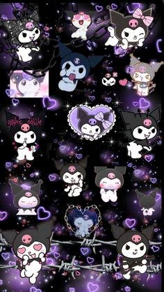 many different pictures of cats in the night sky with stars and hearts on them, all grouped together