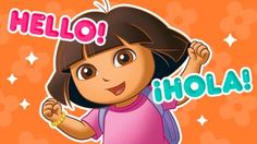 a cartoon character with the words hello, hola written on her face and in front of an orange background