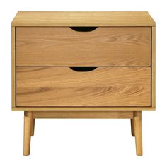 a wooden nightstand with two drawers on one side and an open drawer on the other