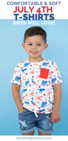 boy wearing a July 4th Shirt will blue and red striped and stars dinosaurs on it with a red pocket. The perfect 4th of July shirt for boys! Playful Short Sleeve Tops With Pockets, Fun Short Sleeve T-shirt With Dinosaur Print, Summer Graphic Tee With Pockets, Playful T-shirt For 4th Of July With Crew Neck, Playful Crew Neck T-shirt For 4th Of July, Summer Dinosaur Print Short Sleeve Tops, Playful White T-shirt For 4th Of July, Fun Short Sleeve Dinosaur Print T-shirt, Dinosaur Print Graphic Tee For Summer