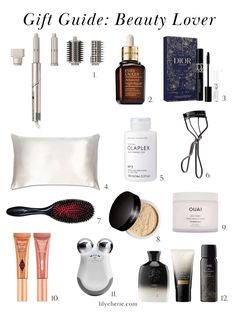 the gift guide for beauty lovers is on display in this image, with text overlaying it