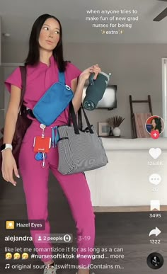 a woman in pink is holding a purse and looking up at the camera with an instagram message below