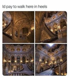 the inside of a building with stairs and chandeliers