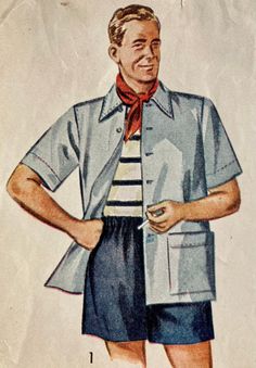 A true classic! Simplicity 3201; ©1950; Mens' Beach Shirt and Swim Shorts: The front-buttoned shirt, styled with a pointed collar, has short sleeves. The shorts, lined with jersey, have an elastic casing at the waist and a small, button-down flap pocket at the back. Style 1 shirt has a large patch pocket at the lower edge in front. Stitching is used as trimming. Style 2 shirt has two button-down breast pockets. Size medium chest 36-38 Cut, complete from a non smoking/pet/fragrance free home envelope has ragged edge and a small tear. Key West Fashion, Retro Short Sleeve Collared Shirt With Pockets, Retro Collared Short Sleeve Shirt With Pockets, Retro Collared Camp Shirt With Pockets, Vintage Short Sleeve Collared Shirt With Pockets, Vintage Collared Short Sleeve Shirt With Pockets, 1950 Men, 1950s Men, Elastic Casing