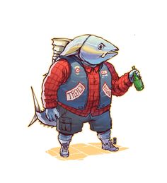 a drawing of a fish wearing a vest and holding a beer in it's hand