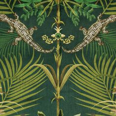 a green and gold wallpaper with two lizards on top of it, surrounded by palm leaves