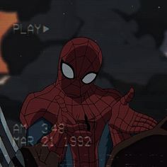 the spider - man is standing in front of an evil looking sky with his hands up