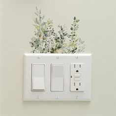 a white light switch sitting next to a wall with flowers painted on the switchesticks