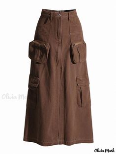 Olivia Mark - Fashionable High-Waist Split-Front Workwear Skirt with Pure Denim Color and Utility Pocket Design Casual Denim Skirt, Jean Skirts, Utility Skirt, High Waisted Denim Skirt, White Denim Skirt, Iconic Dresses, Utility Pockets, Apron Designs, Denim Midi Skirt