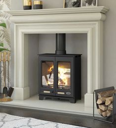 a fireplace with a wood burning stove in it