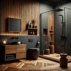 a bathroom with wooden floors and black walls