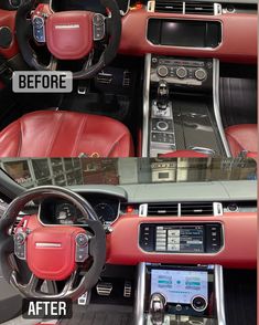 before and after photos of the interior of a red car with black leather trims