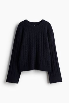 Loose-fit sweater in a soft cable knit. Round neckline  dropped shoulders  and long sleeves. Ribbing at neckline  cuffs  and hem. Cute Sweater Shirts, Sweaters For Women Aesthetic, Clothes Sweaters & Cardigans, Cute Sweaters Aesthetic, Christmas Wishlist Items, Shuffles Clothes, Things For Teens, Navy Cable Knit Sweater, Paris Clothes