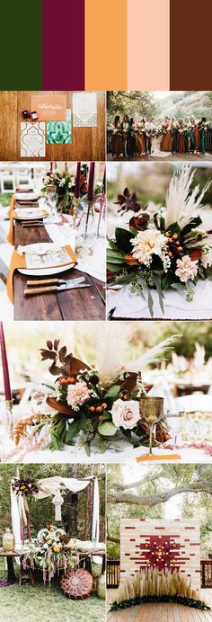 a collage of photos with flowers and greenery on the table in different colors