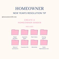 the homeowner new year's resolution tip is shown in pink and blue