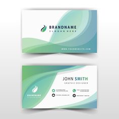 two sided business card with green and blue waves on the front, side and back