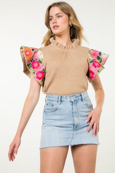 Embroidered Flutter Sleeve Leather Top-Beige Dressy Shirts, Curvy Swimwear, Weekly Outfits, Ribbed Knit Top, Elegant Blouses, Curvy Dress, Embroidered Sweater, Flutter Sleeve Top, Dressy Tops